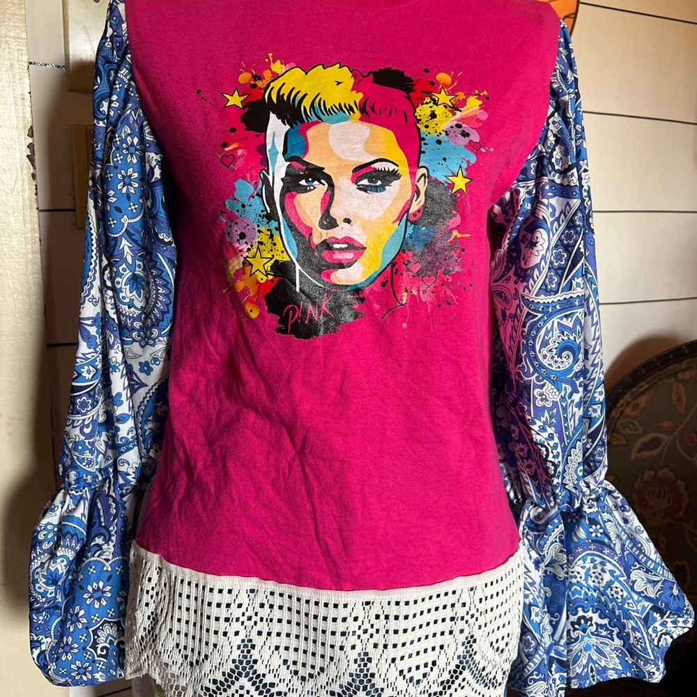 Upcycled Bold Pink Graphic Long Sleeve Top with Blue Paisley Sleeves